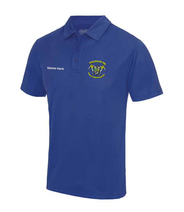 Polyester cool fabric polo shirt, embroidered with club logo to left breast and name or initials printed front right chest