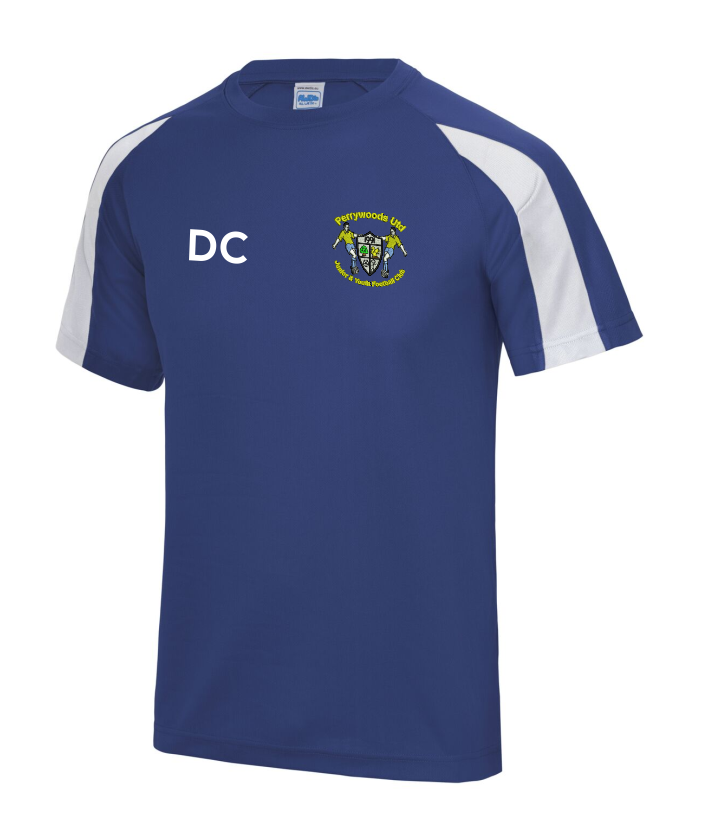 Polyester cool fabric contrast colour t shirt, embroidered with club logo to left breast and name printed front right chest