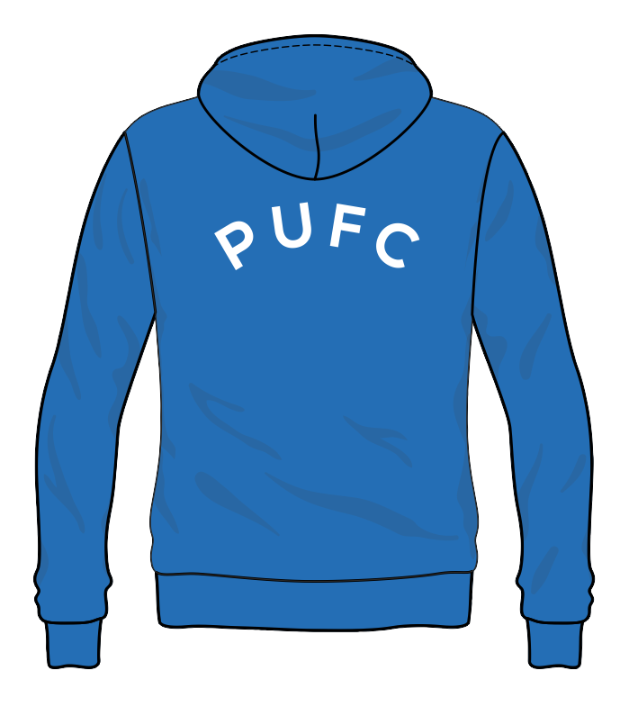 Pullover Hooded sweatshirt with club logo printed to front and PWUFC to back – name or initials to front