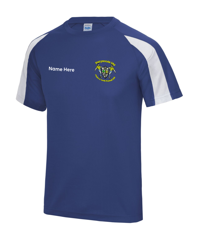 Polyester cool fabric contrast colour t shirt, embroidered with club logo to left breast and name printed front right chest